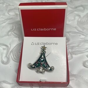 Liz Claiborne Christmas Tree Pin-Silver/Green Enamel/Multicolor Crystal